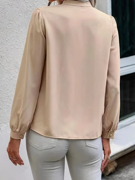 Kadın Uzun Kollu Yakalı Yakadan Bağcıklı Düğmeli Sandy Bluz - 5
