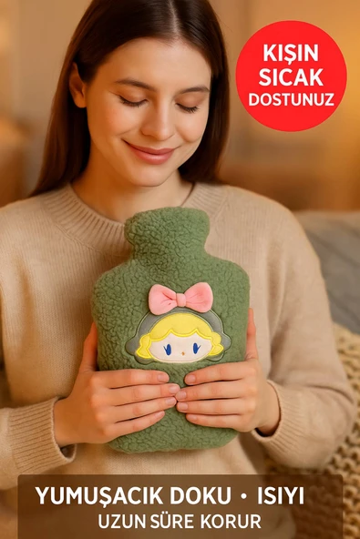 Yeşil Peluş Sıcak Su Torbası – Yumuşak, Güvenli ve Şık Saçlı Kız Model, 1 Litre - 3