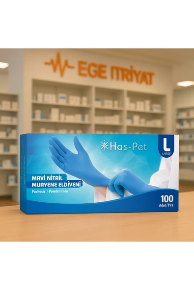 HAS-PET Nitril Mavi Muayene Eldiveni Large 100’lü | Pudrasız Tek Kullanımlık Hijyenik Eldiven ürün görseli