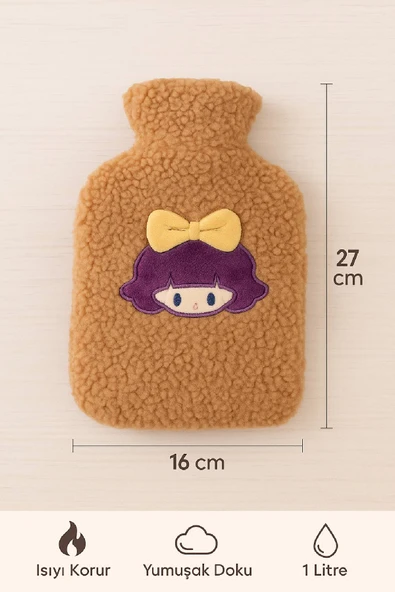 Kahverengi Peluş Sıcak Su Torbası – Yumuşak, Güvenli ve Şık Saçlı Kız Model, 1 Litre - 7