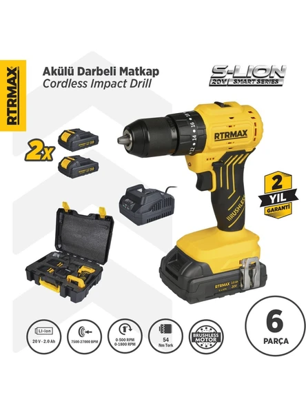 RTRMAX RTS5012 S-LION AKÜLÜ DARBELİ MATKAP KÖMÜRSÜZ 54Nm 2x2 Ah AKÜ