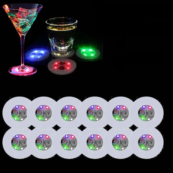 pilelistore Renkli LED Işıklı Bardak Altlığı - Dekoratif 12 Adet Pilli