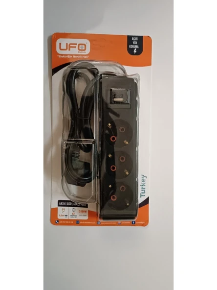Tekno Akım Korumalı Anahtarlı Kablolu Üçlü Grup Priz Siyah 1.5 Metre 3500w - 1
