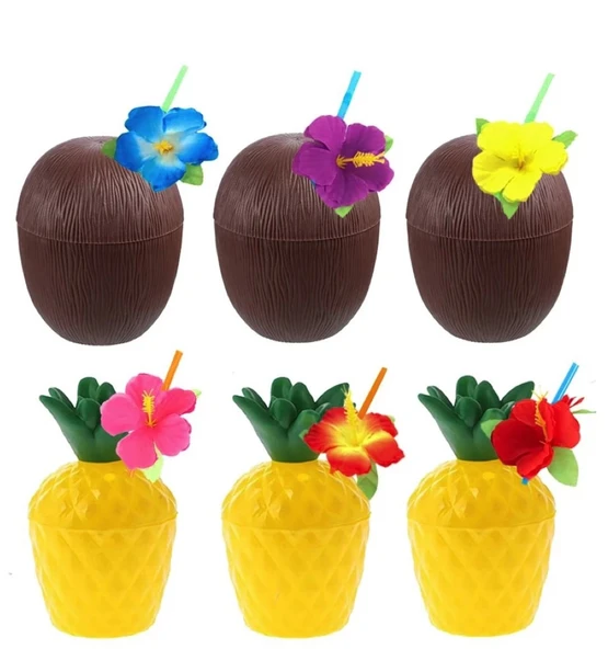 pilelistore Ananas & Hindistan Cevizi Tasarımlı Pipetli Bardak Seti (6 Adet)