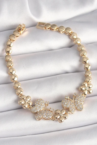 pilelistore Pirinç Gold Renk Zirkon Taşlı Kelebek Figür Çiçek Zincir Model Kadın Bileklik - TJ-BB6826
