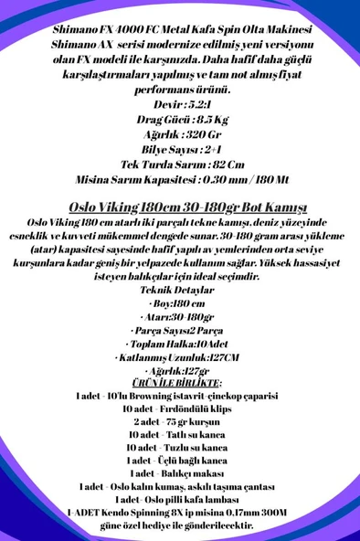 Oslo Viking 180cm 30-180gr Shimano FX 4000 Tekne Olta Seti - Resim 2