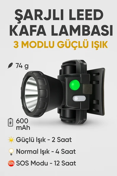 Şarj Edilebilir,600MAH , Güçlü Kafa Lambası, 46 mm Reflektör, 3 Modlu El Feneri