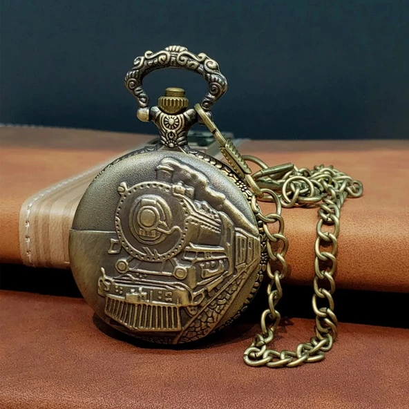 pilelistore Antika Tren Tasarımlı Köstekli Cep Saati ürün görseli