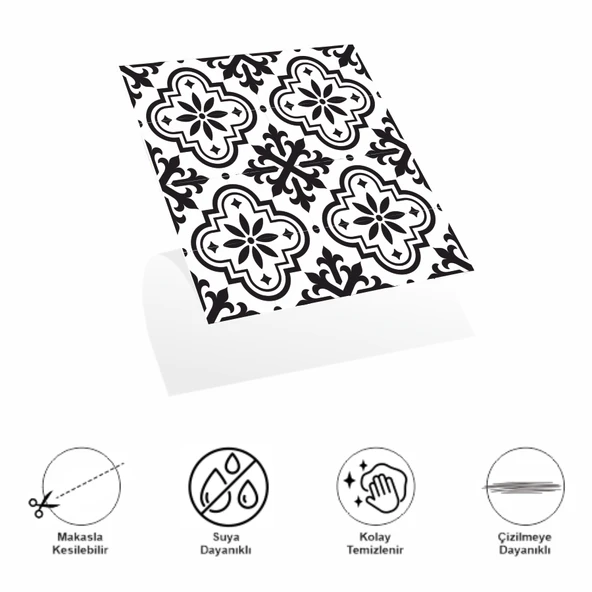 DecoHandy  Pvc Duvar Karosu 30x30cm 4'lü Paket - Siyah Beyaz Çini Desen  0,36m2 - 2