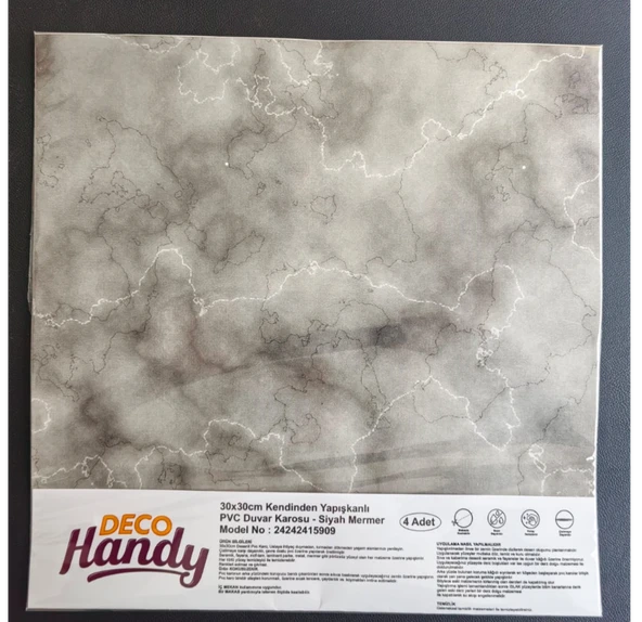 DecoHandy  Pvc Duvar Karosu 30x30cm 4'lü Paket - Mermer Desenli Siyah 0,36m2