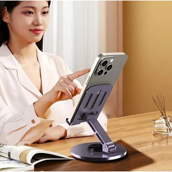 Mor 360° Dönebilir Kompakt Masaüstü Metal Telefon Tutucu - 2