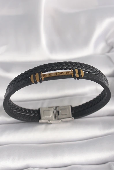 pilelistore 316L Çelik Gold Renk ZikZak İşlemeli Aksesuarlı Çift Sıra Burgu Desenli Deri Kordon Erkek Bileklik - TJ-EB37