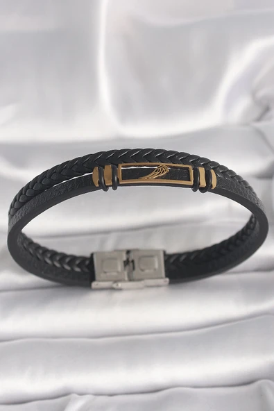 pilelistore 316L Çelik Gold Renk Kanat Aksesuarlı Siyah Burgu Model Deri Kordon Erkek Bileklik - TJ-EB3703