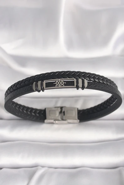 pilelistore 316L Çelik Gümüş Renk Gemi Dümeni Figür Siyah Burgu Deri Kordon Model Erkek Bileklik - TJ-EB3701