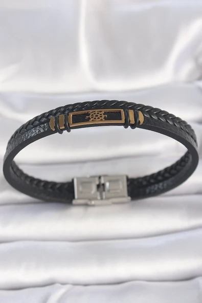 pilelistore 316L Çelik Gold Renk Gemi Dümeni Aksesuarlı Çift Sıra Burgu Desenli Deri Kordon Erkek Bileklik - TJ-EB3713