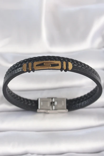 pilelistore 316L Çelik Gold Renk Aksesuarlı Çift Sıra Siyah Burgu Desenli Deri Kordon Erkek Bileklik - TJ-EB3708