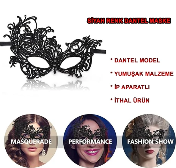 Siyah Dantel İşlemeli Parti Maskesi - Resim 4