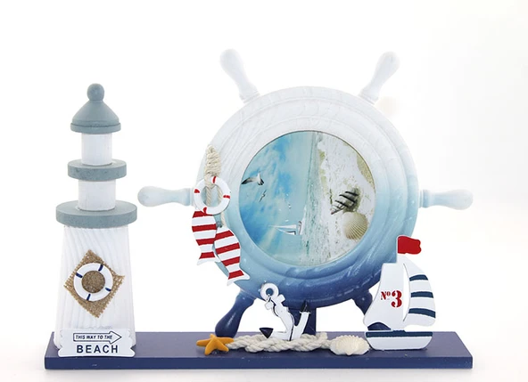 Ahşap Marin Deniz Feneri Dümenli Çerceve Model 1 ürün görseli