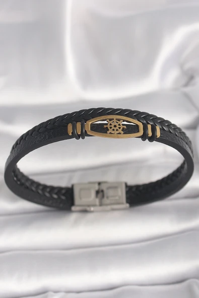 pilelistore 316L Çelik Gold Renk Gemi Dümen Figür Siyah Renk Çift Sıra Burgu Desenli Deri Kordon Erkek Bileklik - TJ-EB3