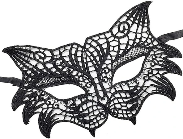Siyah Renk Kedi Model Dantel İşleme Parti Maskesi - Resim 3