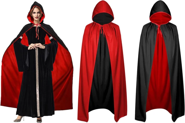 Siyah Kırmızı Çift Taraflı Kapişonlu Pelerin - Resim 2