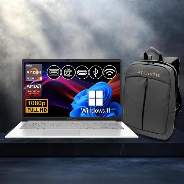 Asus Vivobook Go 15 Ryzen5-7520U 8GB 2TB Nvme SSD E1504FA-BQ1741 Atl27 15.6" Win11Pro Notebook+Çanta ürün görseli 1
