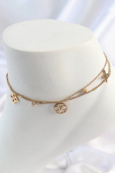 pilelistore 316L Çelik Gold Renk 2'Li Zincir Rüya Kapnı Figür Zirkon Taş Detay Kadın Halhal - TJ-HH1651