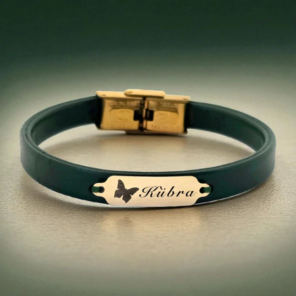 14 Ayar Altın Plakalı İsme Özel Doğal Yeşil Derili Kelebek Figürlü Hediye Bileklik-650 ürün görseli
