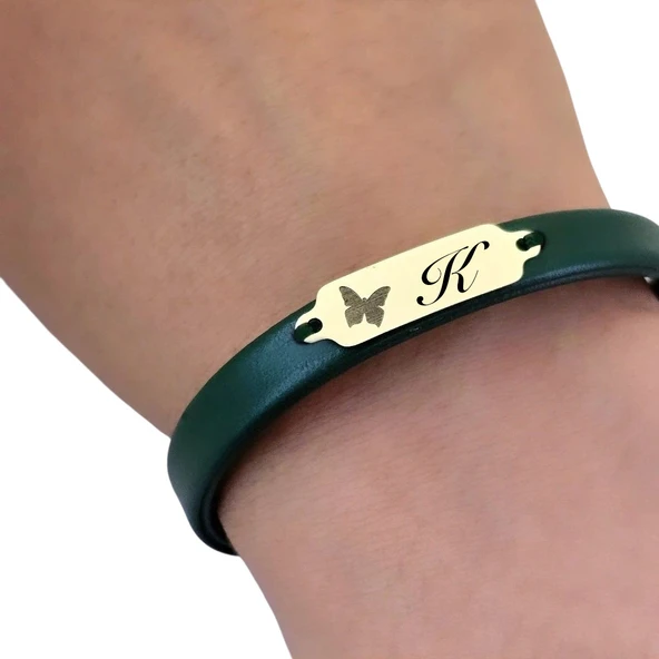 14 Ayar Altın Plakalı Harfe Özel Kelebek Figürlü Doğal Yeşil Derili Hediye Bileklik-650 - Resim 3