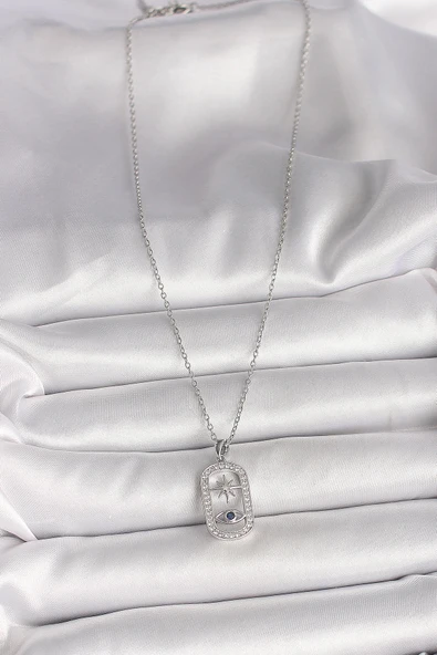 pilelistore 316L Çelik Gümüş Renk Zincir Zirkon Taşlı Göz Yıldız Model Kadın Kolye - TJ-BKO9985 - 2