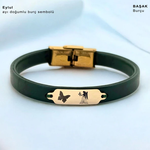 14 Ayar Altın Plakalı Burca Özel Kelebek Figürlü Doğal Yeşil Derili Hediye Bileklik-650 ürün görseli
