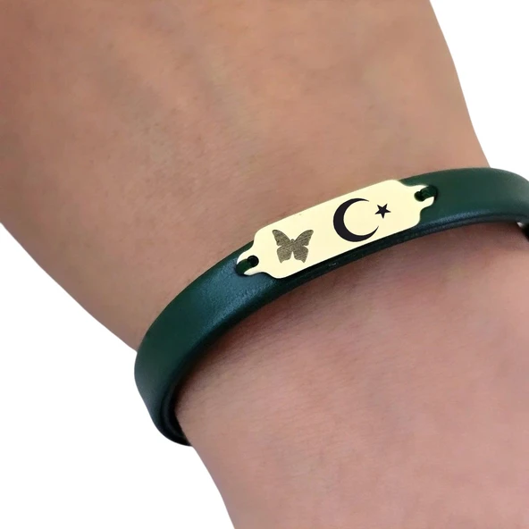 14 Ayar Altın Plakalı Sembole Özel Doğal Yeşil Derili Kelebek Figürlü Hediye Bileklik-650 - Resim 3
