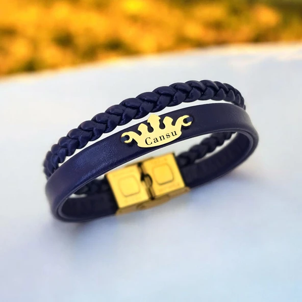 14 Ayar Altın Plakalı İsme Özel Doğal Lacivert Derili Taç Motifli Hediye Bileklik-649 ürün görseli