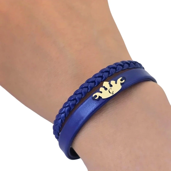 14 Ayar Altın Plakalı Harfe Özel Taç Motifli Doğal Lacivert Derili Hediye Bileklik-649 - Resim 3