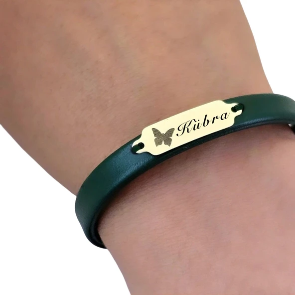 14 Ayar Altın Plakalı İsme Özel Doğal Yeşil Derili Kelebek Figürlü Hediye Bileklik-650 - Resim 3