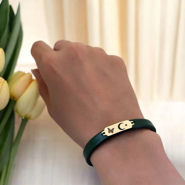 14 Ayar Altın Plakalı Sembole Özel Doğal Yeşil Derili Kelebek Figürlü Hediye Bileklik-650 - Resim 2