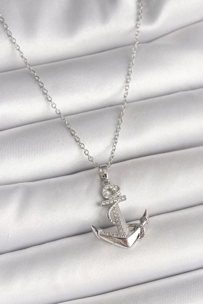 pilelistore 316L Çelik Gümüş Renk Zincir Zirkon Taş Detaylı Çapa Model Kadın Kolye - TJ-BKO9951