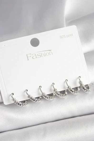 pilelistore 925 Ayar Gümüş Çivi Pirinç Gümüş Renk Kalp İşlemeli Halka Model Kadın Küpe Seti - TJ-BKP10412