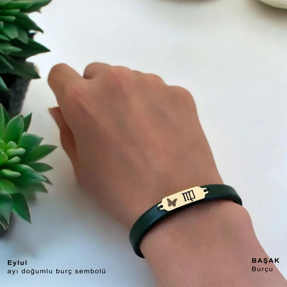 14 Ayar Altın Plakalı Doğum Ayına Özel Doğal Yeşil Derili Kelebek Figürlü Hediye Bileklik-650 - Resim 2