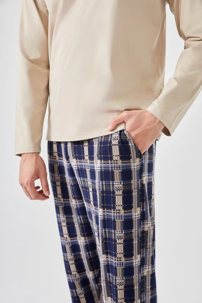 Erkek Pamuklu Uzun Kollu Ekose Desenli Cepli Pijama Takımı - Resim 4