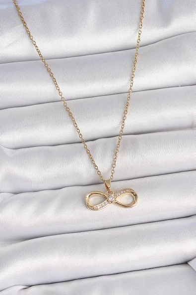 pilelistore 316L Çelik Gold Renk Zincir Zirkon Taşlı Sonsuzluk Model Kadın Kolye - TJ-BKO10106 - 2