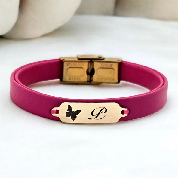 14 Ayar Altın Plakalı Harfe Özel Kelebek Motifli Doğal Pembe Derili Hediye Bileklik-651 ürün görseli