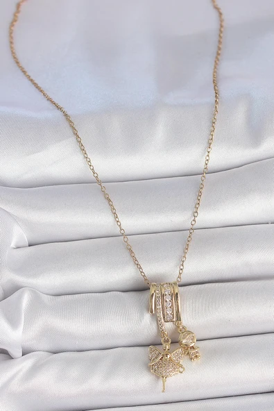pilelistore 316L Çelik Gold Renk Zirkon Taşlı Sallantı Melek Figür Charm Kadın Kolye - TJ-BKO10099 - 2