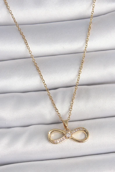 pilelistore 316L Çelik Gold Renk Zincir Zirkon Taşlı Sonsuzluk Model Kadın Kolye - TJ-BKO10106