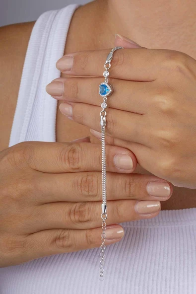 Gümüş Pazarım Aqua Taşlı Kalp Gümüş Su Yolu Bileklik - Resim 3