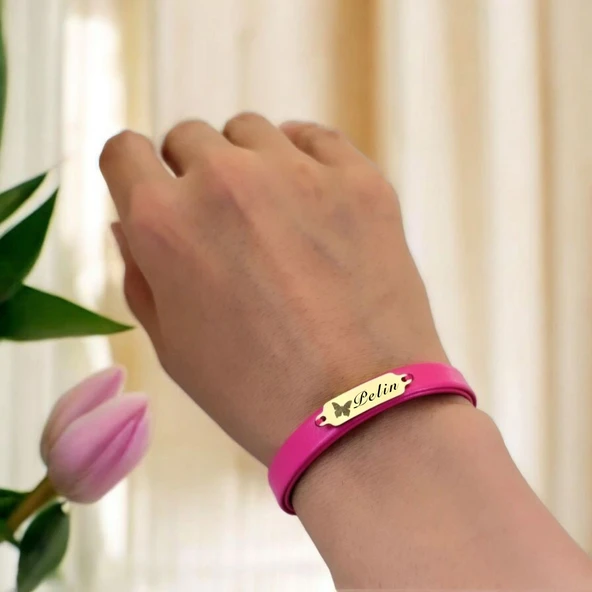 14 Ayar Altın Plakalı İsme Özel Doğal Pembe Derili Kelebek Motifli Hediye Bileklik-651 - Resim 2