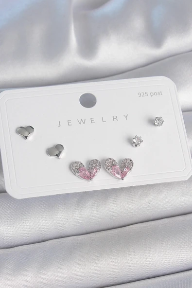 pilelistore Pirinç Gümüş Renk Pembe Zirkon Taşlı Kalp Model 925 Ayar Gümüş Çivi Kadın Küpe Seti - TJ-BKP10493 ürün görseli 1