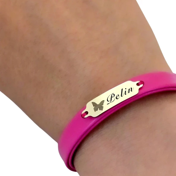 14 Ayar Altın Plakalı İsme Özel Doğal Pembe Derili Kelebek Motifli Hediye Bileklik-651 - Resim 3