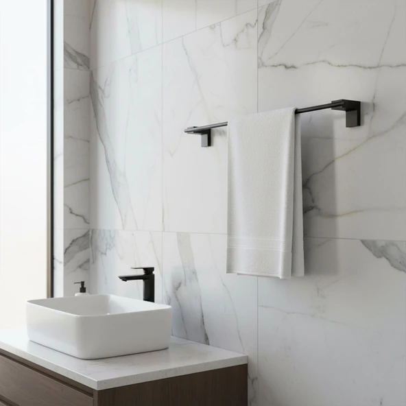 Siyah Metal Uzun Havluluk 49 cm  Duvara Monte Vidalı Lüks Banyo Asma Askı Çubuk Tasarım - Resim 4