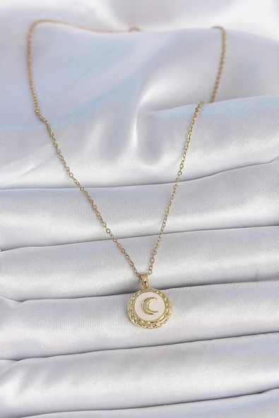 pilelistore 316L Çelik Gold Renk Zincir Beyaz Mineli Hilal İşlemeli Madalyon Model Kadın Kolye - TJ-BKO10035 - Resim 2